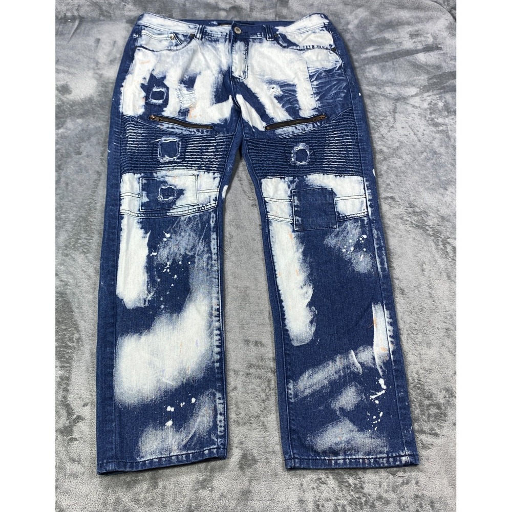 Bleecker & Mercer Mens Moto Jeans Fits 38x30 Blue Paint Splatter Stretch Denim